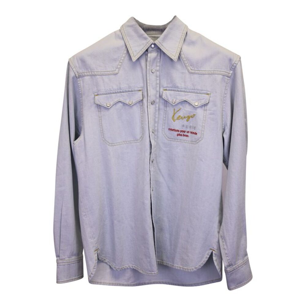Kenzo Logo Embroidered Denim Shirt in Light Blue Cotton